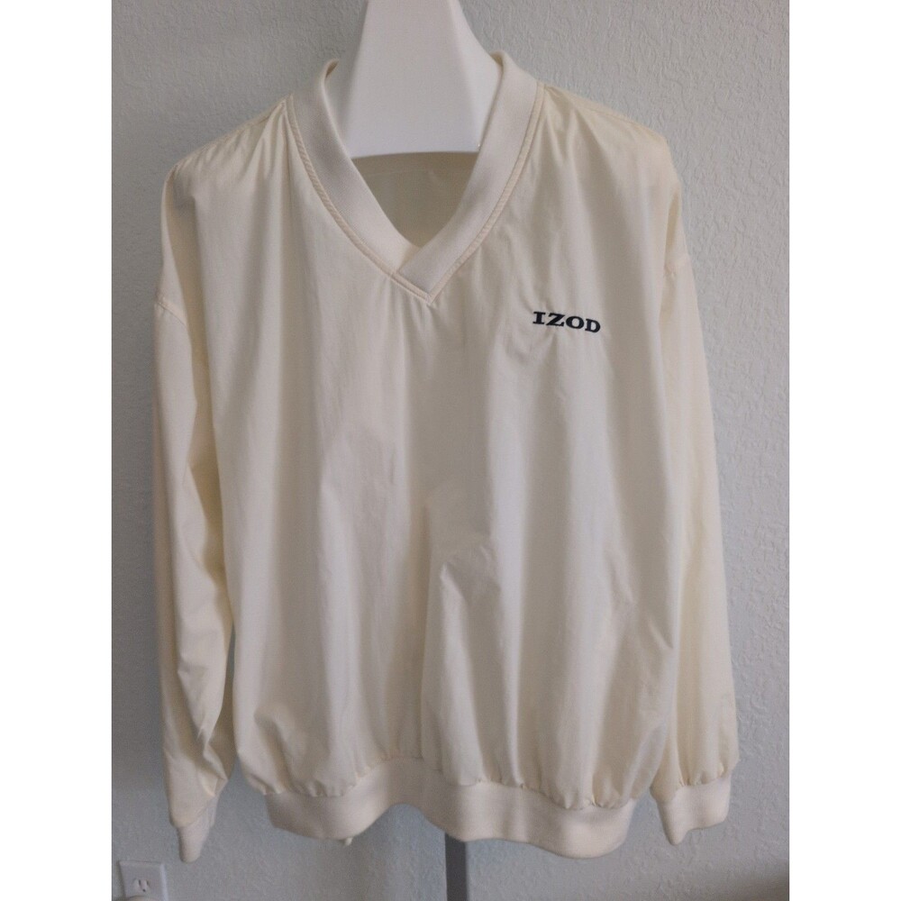 Izod Packable V-neck Pullover Golf Jacket Windbreaker L Cream Yellow Nylon 90s